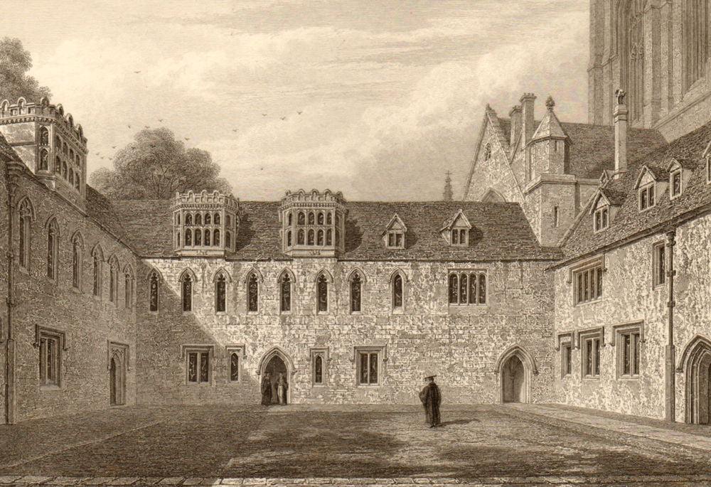 The Library &c. Merton College, Oxford, by John Le Keux 1837 old antique print